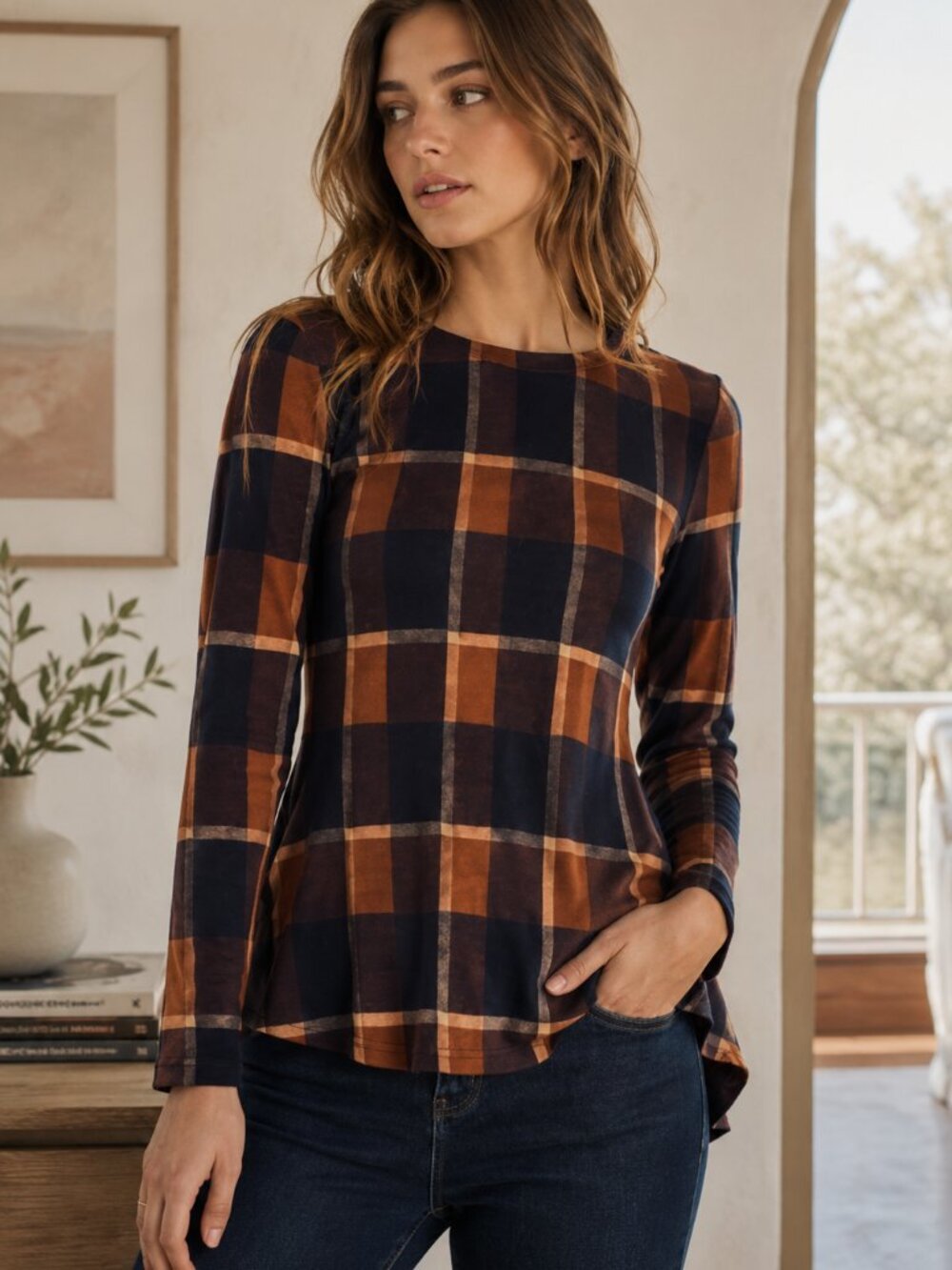 Umgee Peplum Plaid Long Sleeve Top
